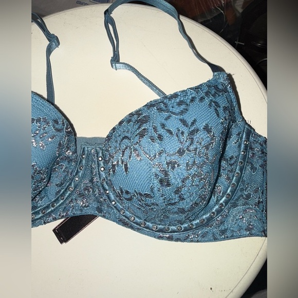 Victoria's Secret Very Sexy Floral Metallic Lace Studded Balconet Bra Blue 32B - Picture 7 of 16